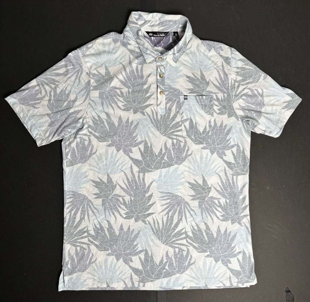 Travis Mathew Golf Shirt Men's XL Floral Hawaiian Pima Leaves White & Blue Polo